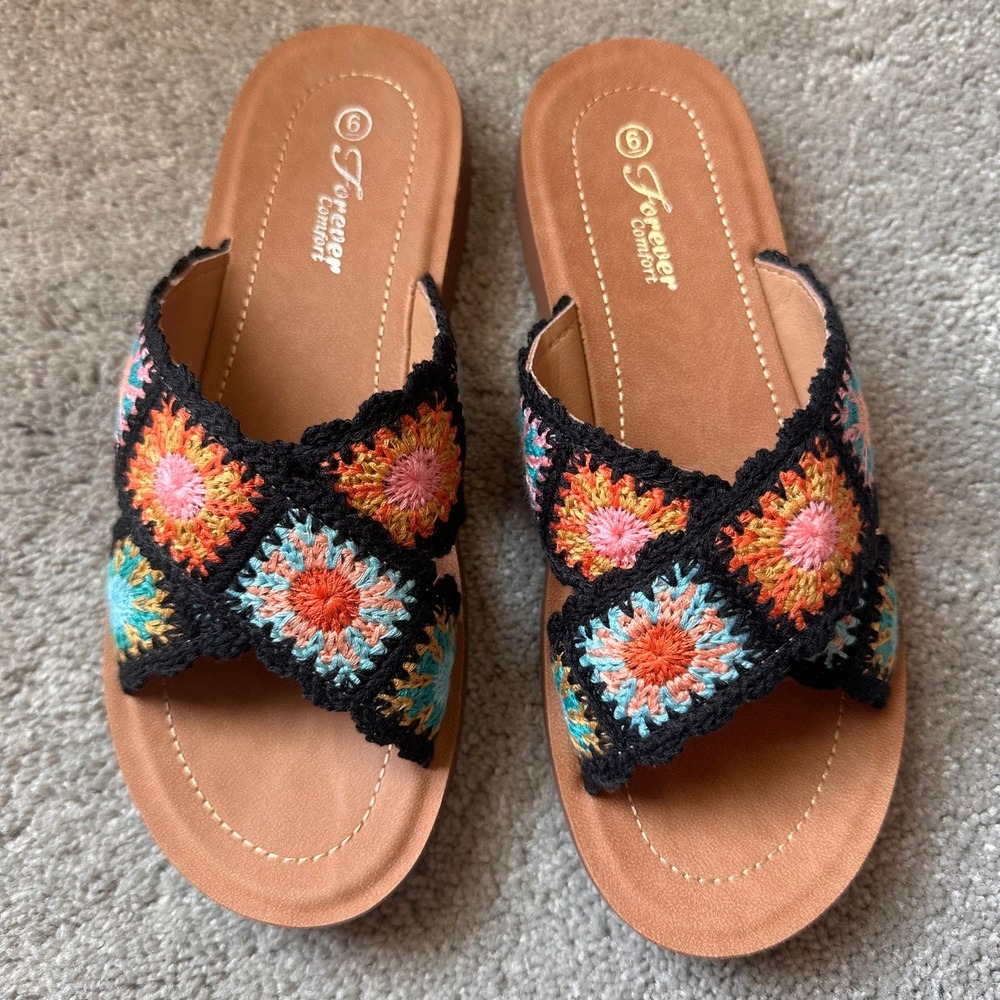 Forever Comfort Womens Crochet Granny Square Slide Sandals Multi Color Size 6